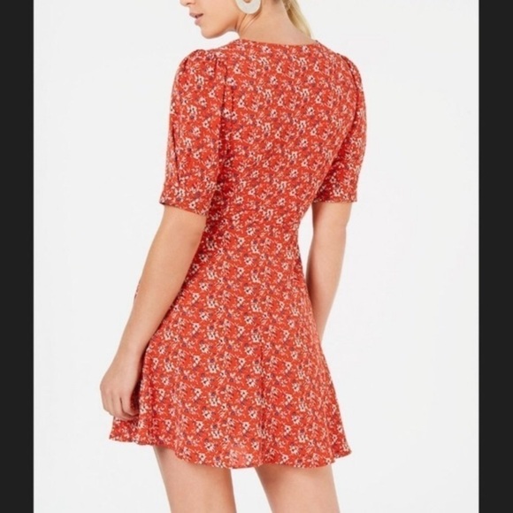 Speechless Boho Orange Floral V-neck short Puff Sleeve A-line Mini Dress - Picture 3 of 16